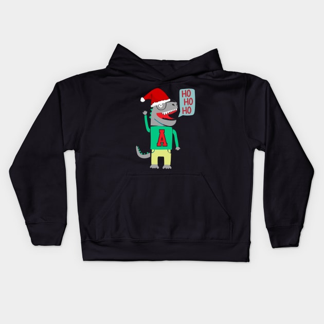 Cute Christmas Dinosaur Ho Ho Ho Kids Hoodie by Museflash